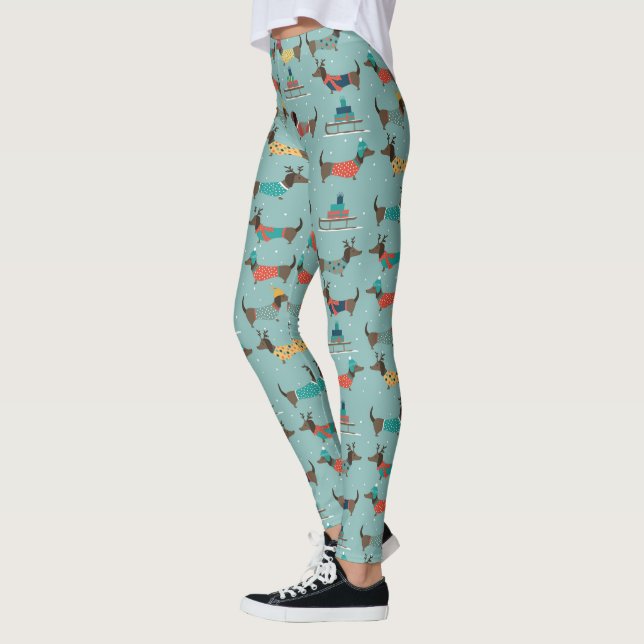 Holiday Dachshunds with Gifts and Sleds Pattern Leggings (Left)