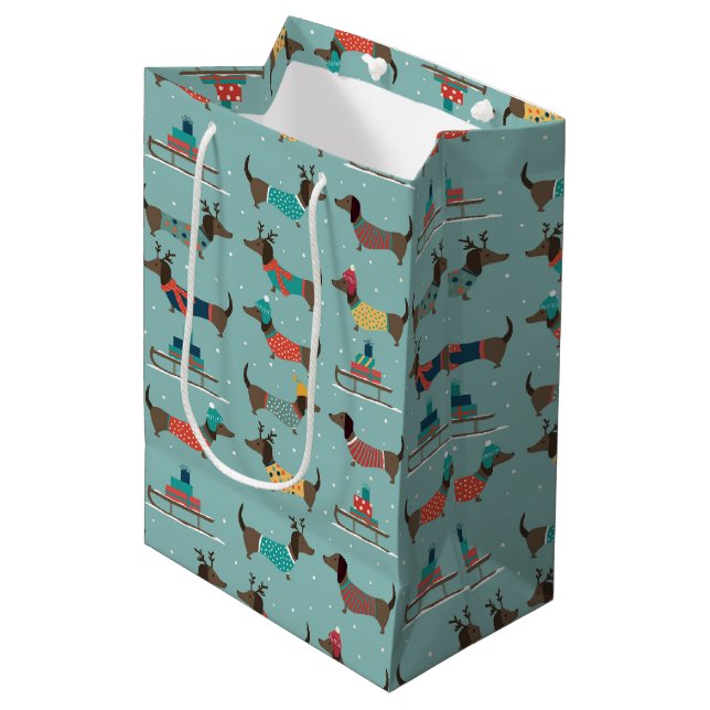 Holiday Dachshunds with Gifts and Sleds Pattern Medium Gift Bag (Front Angled)