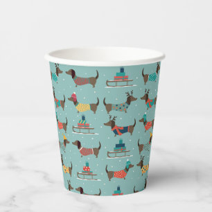 Holiday Dachshunds with Gifts and Sleds Pattern Paper Cups