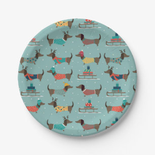 Holiday Dachshunds with Gifts and Sleds Pattern Paper Plate