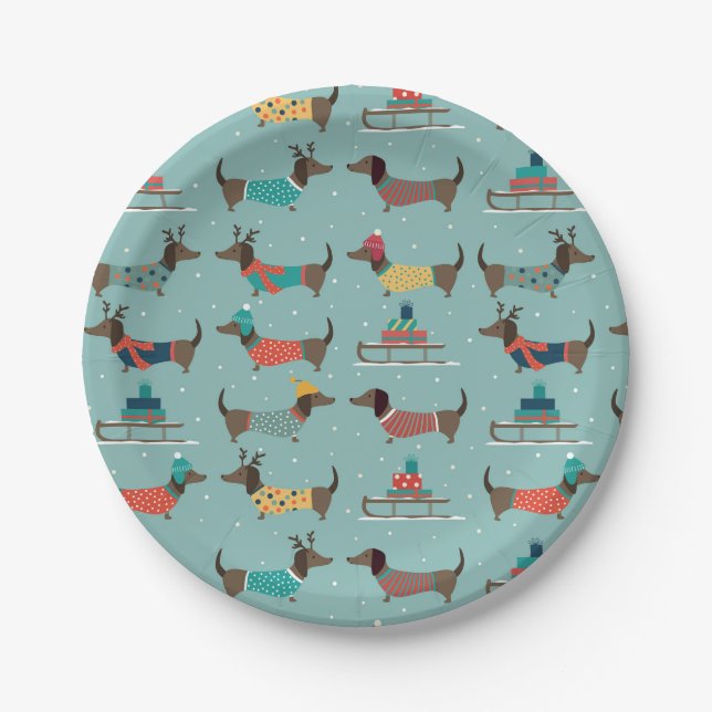 Holiday Dachshunds with Gifts and Sleds Pattern Paper Plate (Front)