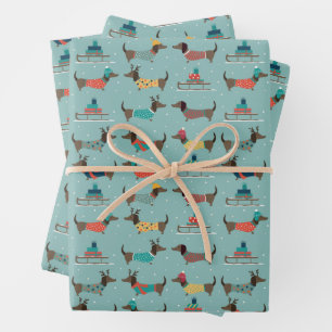 Holiday Dachshunds with Gifts and Sleds Pattern Wrapping Paper Sheet