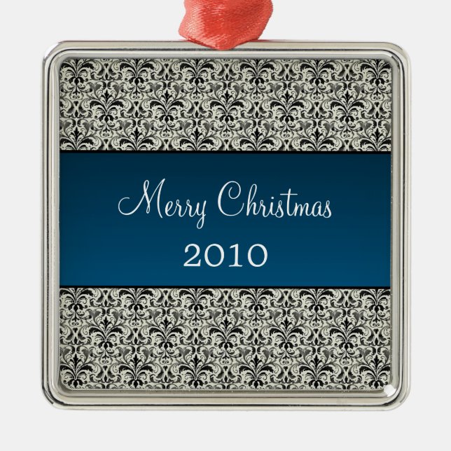 Holiday Damask Premium Square Ornament, Blue Metal Tree Decoration (Front)