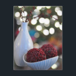 Holiday decor in white & red, vase, postcard<br><div class="desc">Holiday decor in white & red, vase, postcard - A lovely photo with sparkling white pottery, red seed balls and white mini lights glowing. This card evokes the Christmas holiday using non traditional images. Use this card to say Happy Holidays, Merry Christmas or as an invitation to invite friends over...</div>