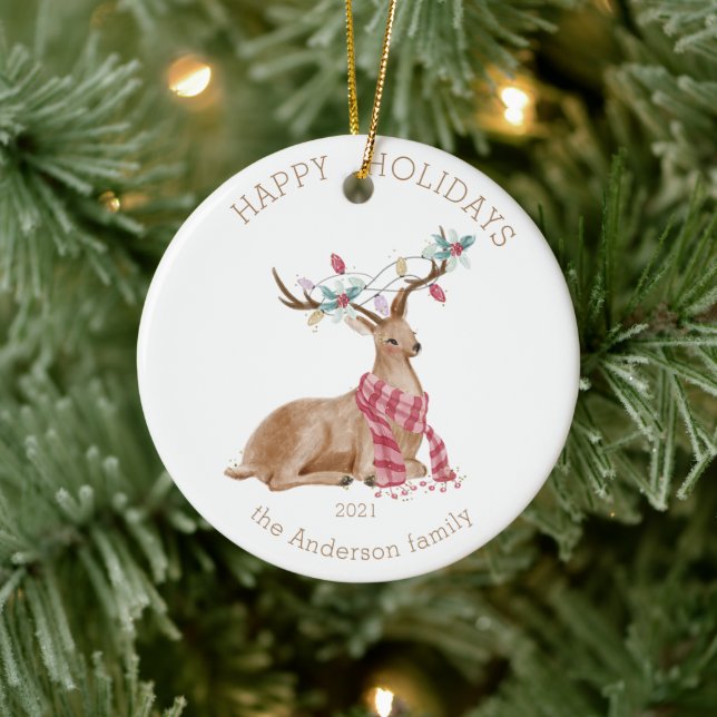 Holiday Deer Colourful Happy Holidays Photo Ceramic Tree Decoration (Tree)