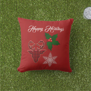 Holiday Deer Head, Snowflake and Holly Leaves   Cushion