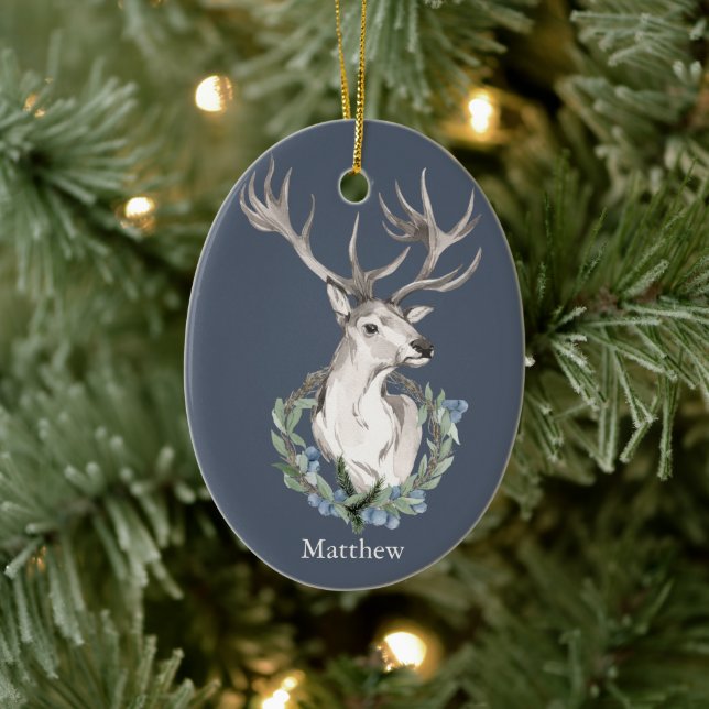 Holiday Deer with Winter Wreath Ceramic Tree Decoration (Tree)