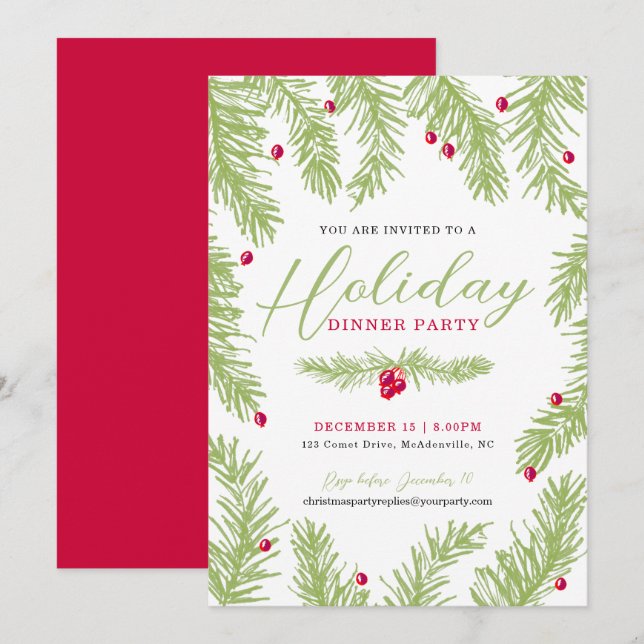 Holiday dinner party green fir red berry christmas invitation (Front/Back)