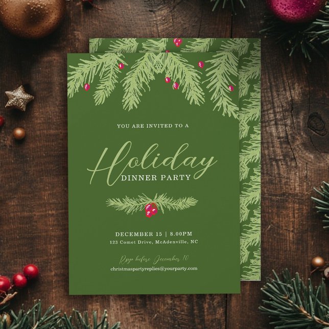 Holiday dinner party green fir red berry christmas invitation (Creator Uploaded)