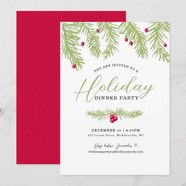 Holiday dinner party green fir red berry christmas invitation (Front/Back)
