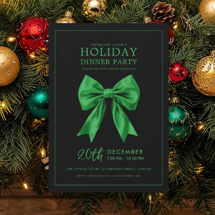 Holiday Dinner Party Green Satin Bow Black  Invitation