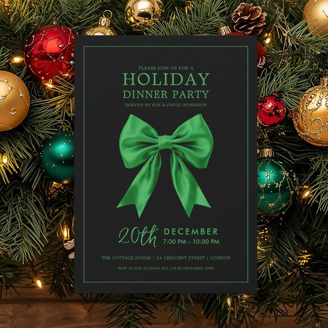 Holiday Dinner Party Green Satin Bow Black  Invitation (Holiday Dinner Party Green Satin Bow Black Invitation)