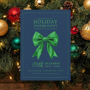 Holiday Dinner Party Green Satin Bow Navy  Invitation
