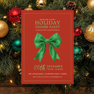 Holiday Dinner Party Green Satin Bow Red Invitation