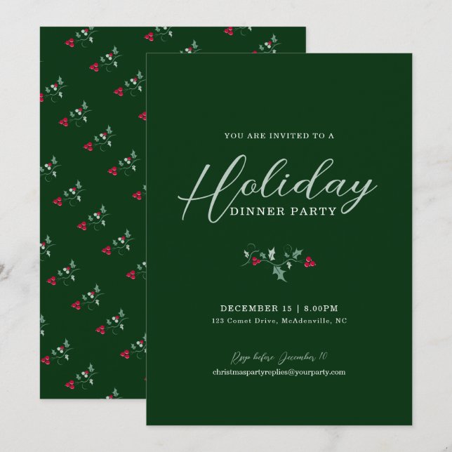 Holiday dinner party holly green christmas invitation (Front/Back)