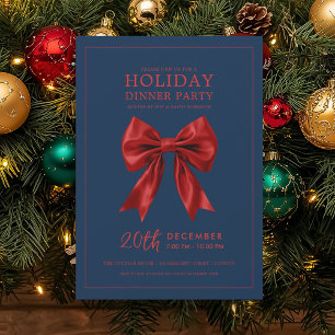 Holiday Dinner Party Red Satin Bow Navy  Invitation