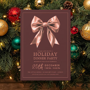 Holiday Dinner Party Rose Gold Satin Bow Burgundy  Invitation