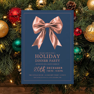Holiday Dinner Party Rose Gold Satin Bow Navy Invitation