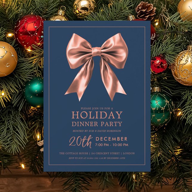Holiday Dinner Party Rose Gold Satin Bow Navy  Invitation (Holiday Dinner Party Rose Gold Satin Bow Navy Invitation)