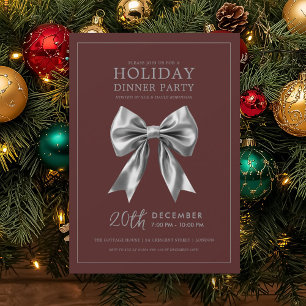 Holiday Dinner Party Silver Satin Bow Burgundy Invitation