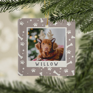 Holiday Dog Bone & Pawprint Personalised Pet Photo Ceramic Ornament