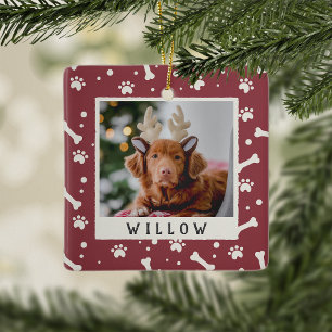 Holiday Dog Bone & Pawprint Personalised Pet Photo Ceramic Ornament