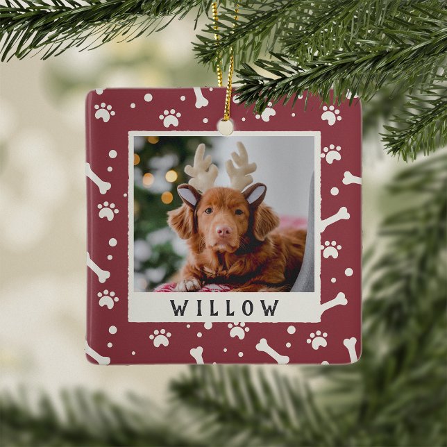 Holiday Dog Bone & Pawprint Personalised Pet Photo Ceramic Ornament (Creator Uploaded)