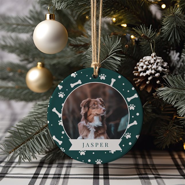 Holiday Dog Bone & Pawprint Personalised Pet Photo Ceramic Tree Decoration (Creator Uploaded)