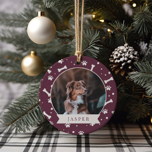 Holiday Dog Bone & Pawprint Personalised Pet Photo Ceramic Tree Decoration