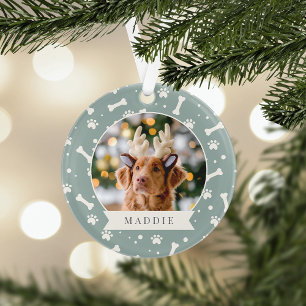 Holiday Dog Bone & Pawprint Personalised Pet Photo Ornament