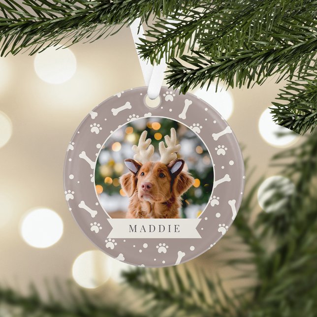 Holiday Dog Bone & Pawprint Personalised Pet Photo Ornament (Creator Uploaded)