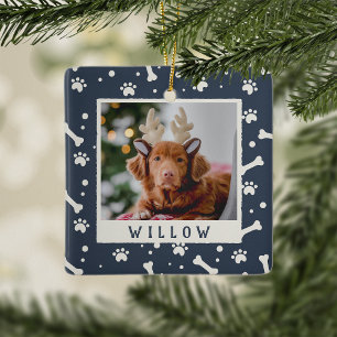 Holiday Dog Bone & Pawprint Personalized Pet Photo Ceramic Ornament