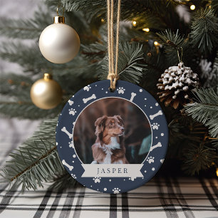 Holiday Dog Bone & Pawprint Personalized Pet Photo Ceramic Tree Decoration