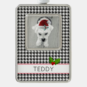 Holiday Dog Photo Name Holly Festive Pet Fun Silver Plated Framed Ornament