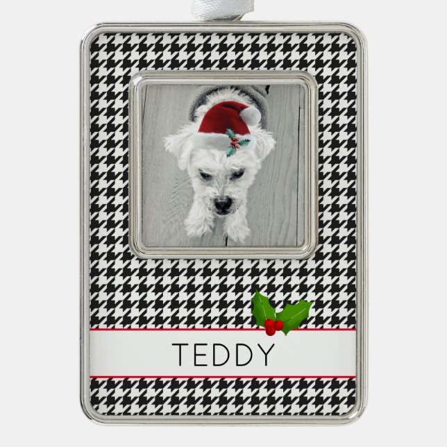 Holiday Dog PHOTO NAME Holly Festive Pet Fun Silver Plated Framed Ornament (Front)