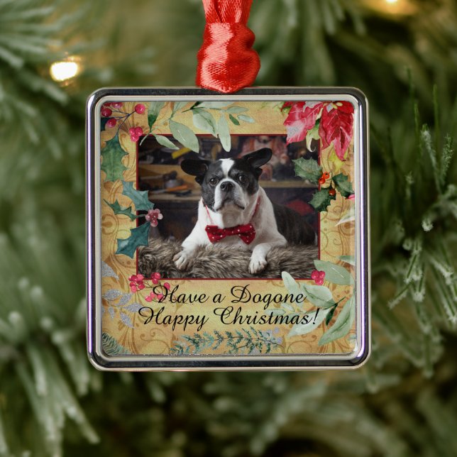 Holiday Dog Photo with Festive Christmas Florals Metal Tree Decoration (Tree)