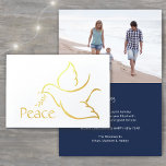 Holiday Dove Elegant Peace Navy Blue Modern Photo Foil Card<br><div class="desc">Wish family and friends a simple gift of peace for the holidays with an elegant dove one photo folded greeting card. All wording on this template (including "Peace" on front) is simple to customise, making it suitable for Christmas, New Years, Hanukkah and Rosh Hashanah. The navy blue, white and gold...</div>