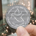 Holiday Dove Peace Wishes Grey Wood Return Address Classic Round Sticker<br><div class="desc">Wish family and friends the simple gift of peace for the holidays with these elegant grey faux wood round return address envelope seals. All text on this template, including "Peace to you and yours" is easy to customise to include any wording, such as Merry Christmas, Happy Holidays, Happy Hanukkah, Seasons...</div>