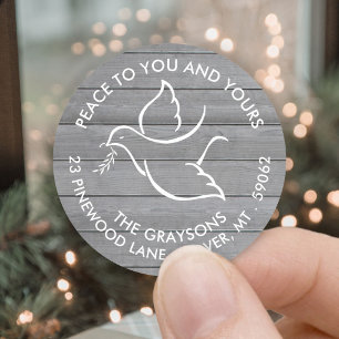 Holiday Dove Peace Wishes Grey Wood Return Address Classic Round Sticker