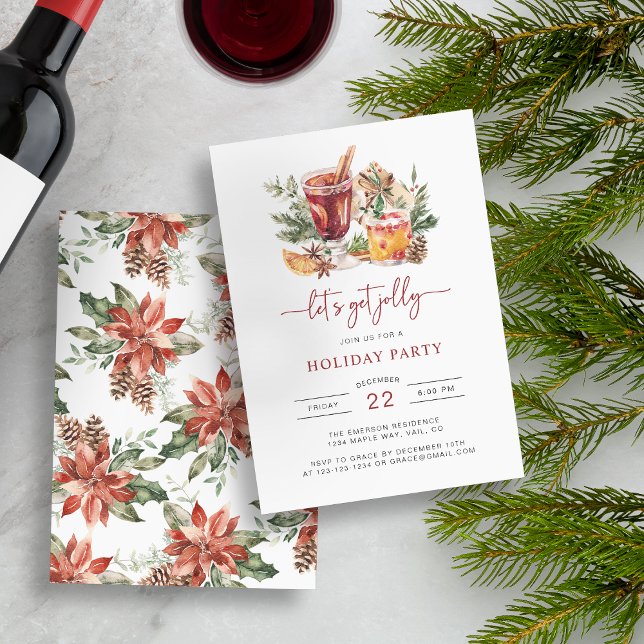 Holiday Drink Christmas Party Invitations (Let's Get Jolly Holiday Party Invitation with Pattern on Back by Painted Paperie)