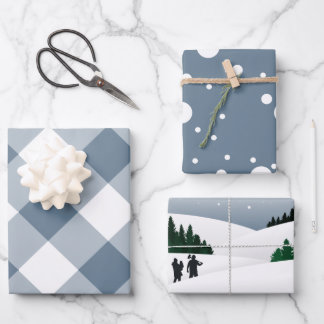 Holiday Dusty Blue Plaid and Winter Snow Woodland Wrapping Paper Sheet