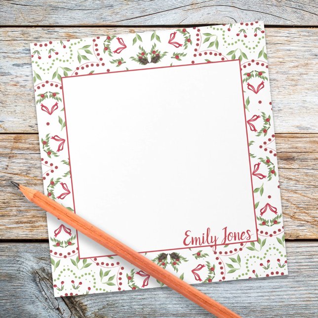 Holiday Elegant Red Green Mandala Christmas Notepad (Christmas holiday winter pinecones and red holly berries pattern custom notepad)