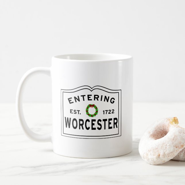Holiday Entering Worcester, MA Christmas Wreath Co Coffee Mug (With Donut)
