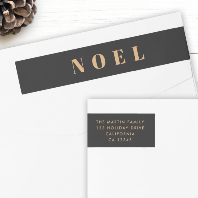 Holiday Envelope Wrap Labels | Noel Black & Gold (Luxe gold and black Noel return address wrap labels by Guava for your modern holiday mail ✨)