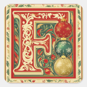 Holiday F Letter: Emerald Green and Gold Accents Square Sticker