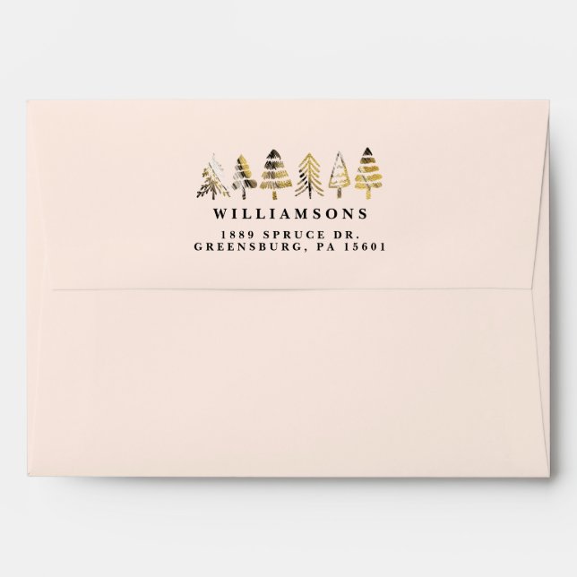 Holiday Family Blush & Gold Metallic Pine Trees Envelope (Back (Top Flap))