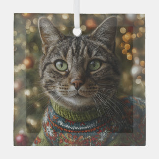 Holiday Family Cat Photo Glass Tree Decoration