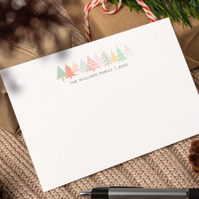 HOLIDAY FAMILY NOTECARDS Cheerful Christmas Tree  (Personalized Holiday Notecards with Family Name & Pastel Doodled Tree Border")