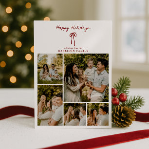 Holiday Family Photo Grid Card with Red Bow 