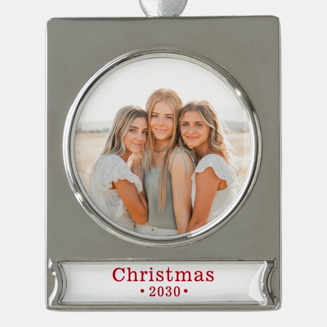 Holiday Family Photo Silver Plated Banner Ornament (Front)